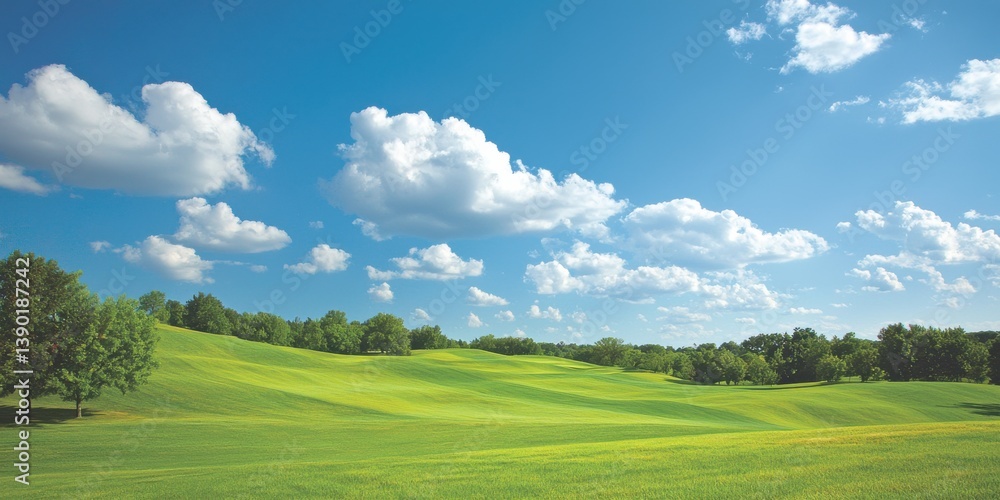Fototapeta premium Serene Green Landscape under Bright Blue Sky with Fluffy Clouds