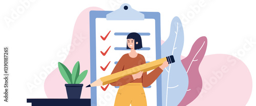smiling woman confidently holds a large pencil completing tasks on a checklist