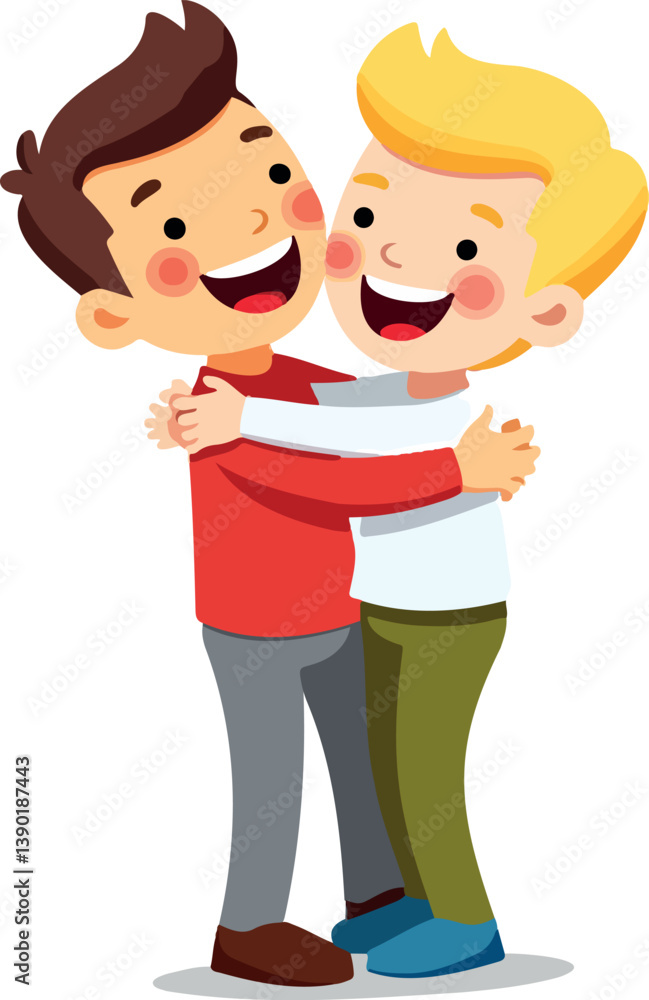two smiling boys share a warm and affectionate hug showcasing their strong friendship. two smiling boys share a warm and affectionate hug showcasing their strong friendship.