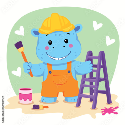cheerful hippopotamus painter wearing a yellow hard hat and overalls confidently holds a paintbrush and stands near a small purple ladder.
