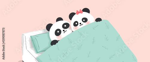two cute pandas snuggling under a blanket in bed
