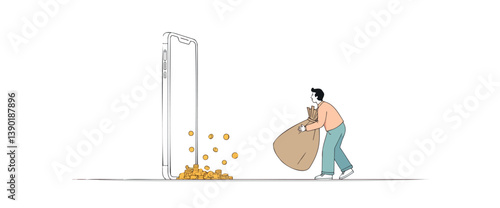 person collecting coins flowing from smartphone: digital financial transaction