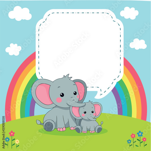 mother elephant and her calf sit happily together on a grassy hill before a rainbow
