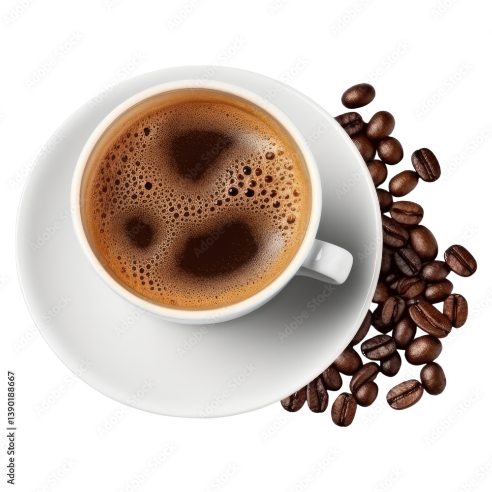 Aromatic Coffee: A top-down perspective showcases a pristine cup of coffee on a matching saucer, accompanied by a scattering of rich, roasted coffee beans. Aromatic Coffee: A top-down perspective showcases a pristine cup of coffee on a matching saucer, accompanied by a scattering of rich, roasted coffee beans.