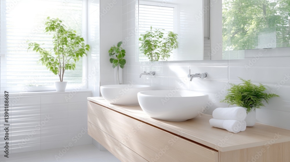 Fototapeta premium Modern bathroom with double sinks and plants