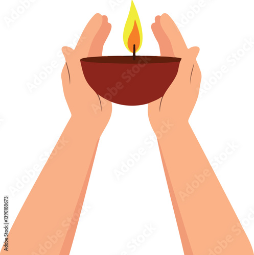two hands carefully hold a traditional oil lamp with a bright flame