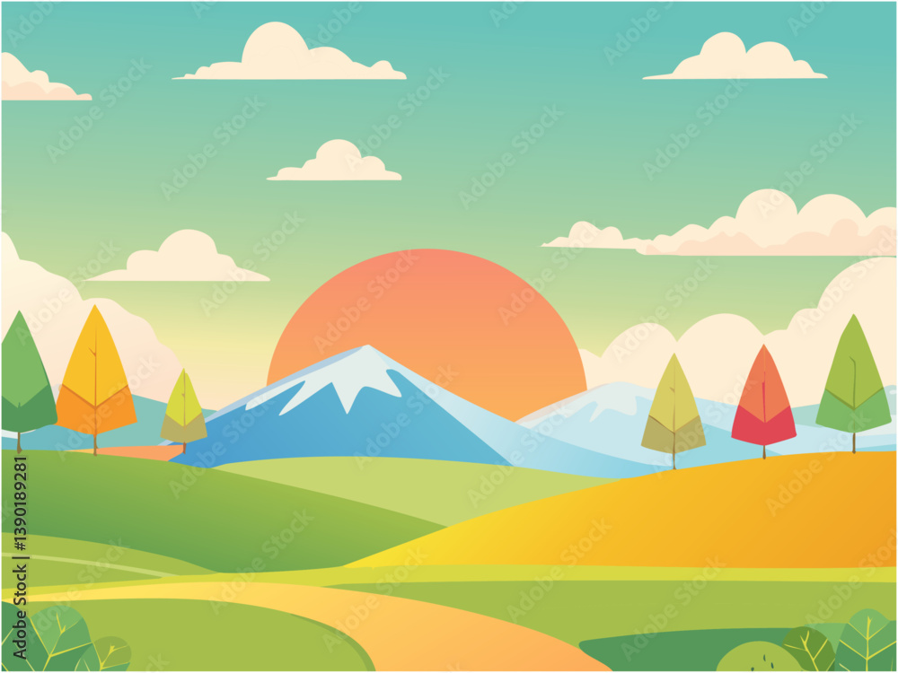 Obraz premium 山間に太陽が昇るほのぼのとした風景をイメージしたポップなテイストの背景素材