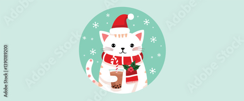 adorable white cat in santa hat enjoys a warm drink during winter holidays