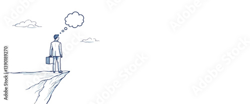 pensive businessman standing on a cliff contemplating his future
