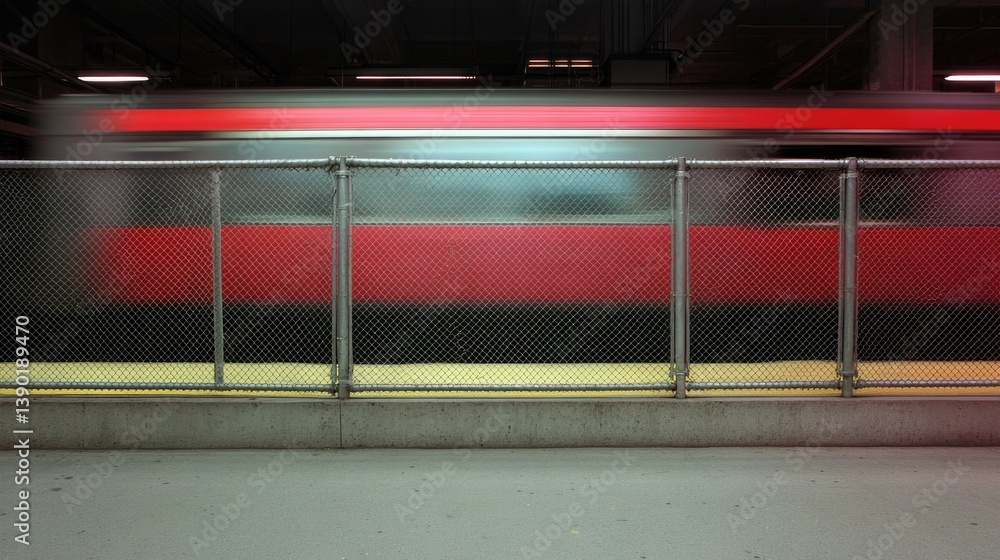 Fast-moving train blurs past sleek platform, capturing urban ene Fast-moving train blurs past sleek platform, capturing urban ene