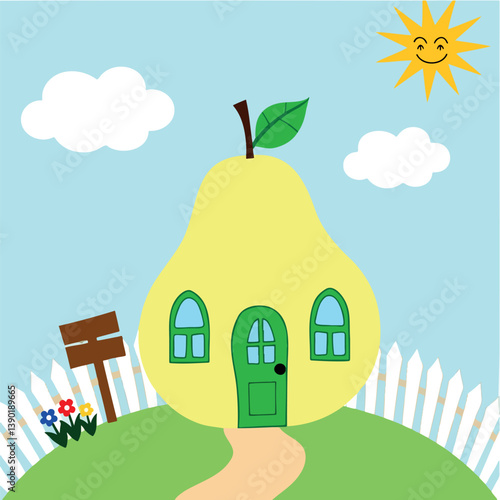 whimsical yellow pear-shaped house with green door