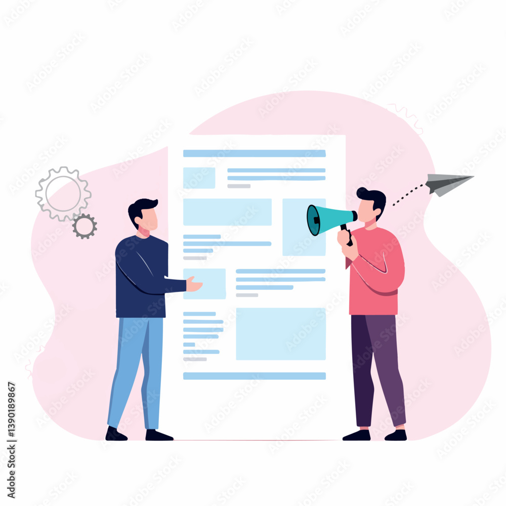 two individuals effectively collaborate on a project using a document and megaphone