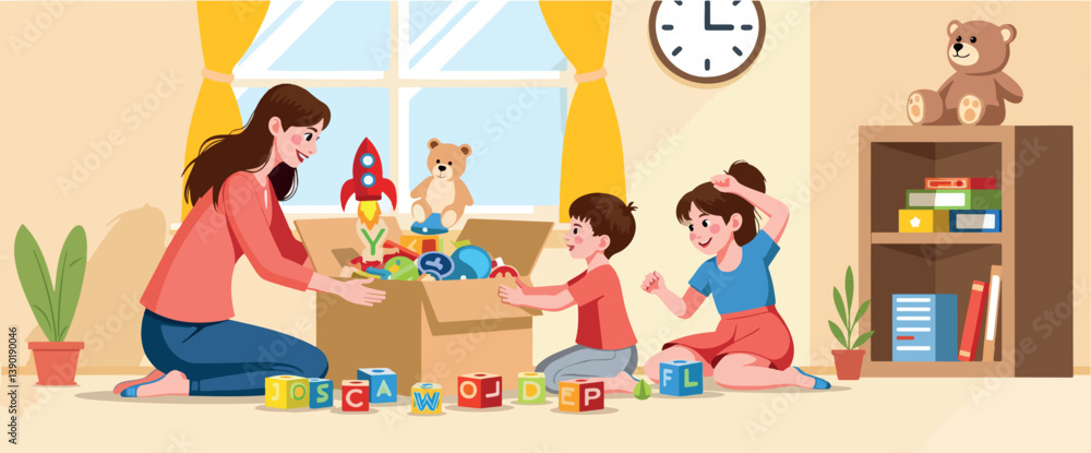 smiling mother and two children happily sorting toys into a cardboard box in their bright living room