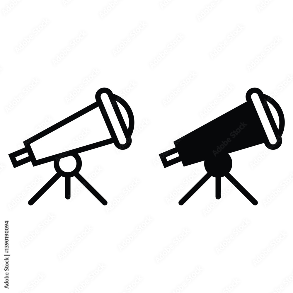 Telescope silhouette vector, telescope black silhouette vector sign. Outlined and black telescope view icon sign vector illustration. Telescope silhouette vector, telescope black silhouette vector sign. Outlined and black telescope view icon sign vector illustration.