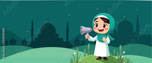 cheerful girl in hijab announces an event with megaphone at night