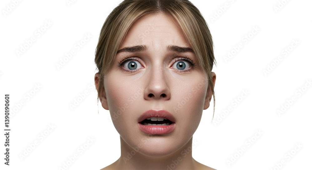 Startled blonde woman with an open mouth and wide eyes expresses fear, concern, or surprise. Isolated against black background. Startled blonde woman with an open mouth and wide eyes expresses fear, concern, or surprise. Isolated against black background.