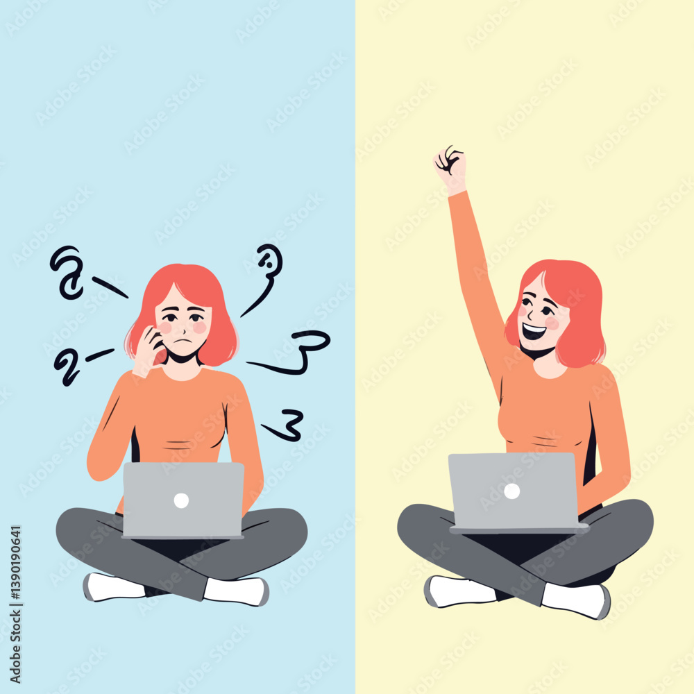 woman experiencing contrasting moods while working on her laptop