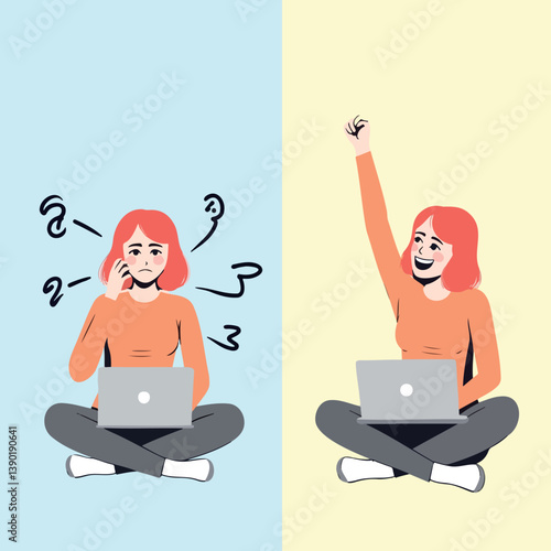 Obraz na płótnie woman experiencing contrasting moods while working on her laptop w salonie