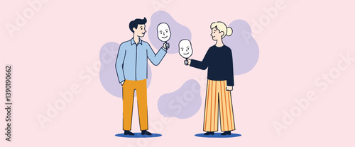 two individuals exchanging smiling masks symbolizing emotional expression and communication