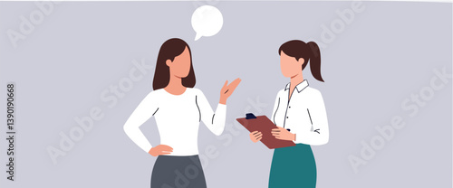 two businesswomen in conversation one gesturing while the other holds a clipboard