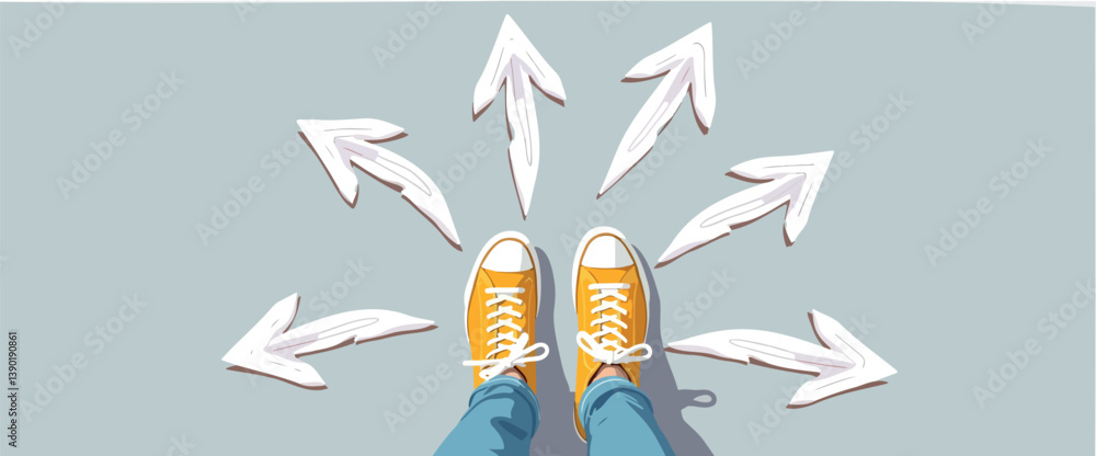 yellow sneakers at a crossroads of multiple directional arrows
