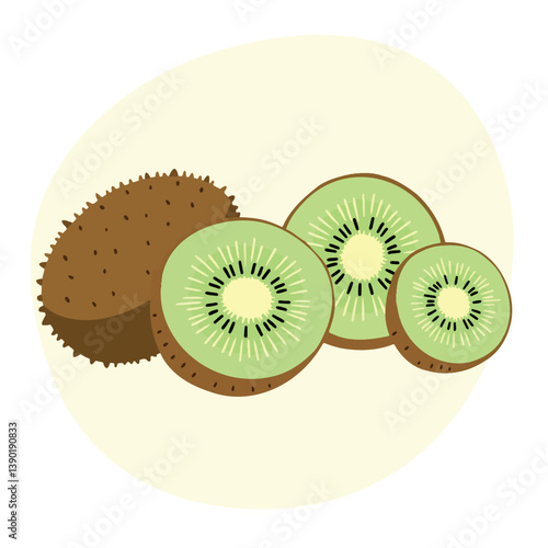 one whole kiwi fruit and three slices arranged on a yellow-cream background