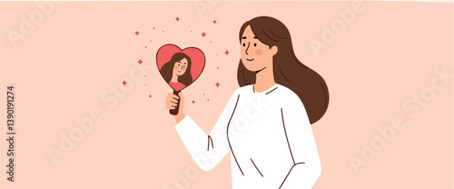 woman looking at her reflection in a heart-shaped hand mirror expressing self-acceptance and happiness