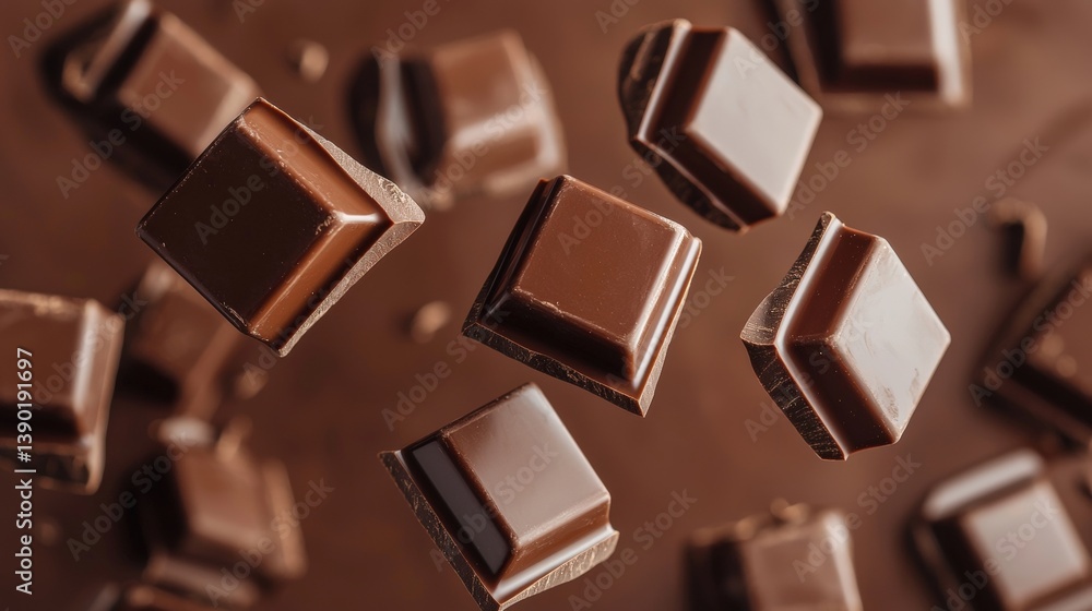 Fototapeta premium A close-up of floating chocolate squares, showcasing their rich texture and glossy surface against a dark background.
