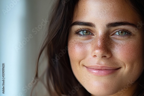 Smiling young caucasian female with freckles and green eyes.