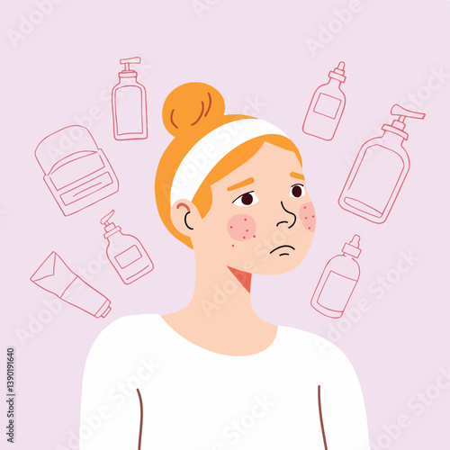 young woman with acne contemplates various skincare products.