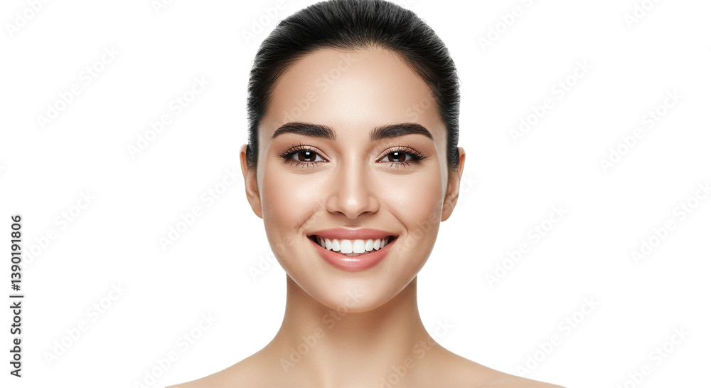 Obraz premium A radiant woman's smile illuminates the frame, showcasing pristine white teeth and a warm, inviting expression against a dark backdrop.