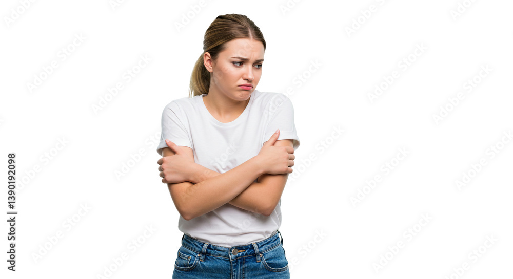 A woman feeling cold, hugging herself for warmth, with a concerned expression against a black background in a simple white t-shirt. A woman feeling cold, hugging herself for warmth, with a concerned expression against a black background in a simple white t-shirt.