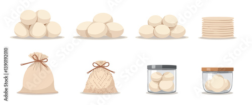 various methods for storing round objects such as eggs: piles stacks bags and jars