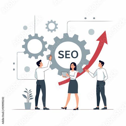 three businesspeople working together on seo strategy represented by interconnected gears and an upward-pointing arrow