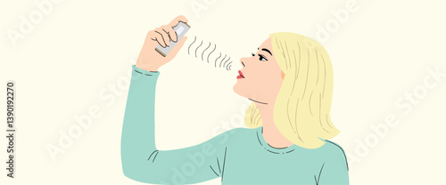 blonde woman using inhaler for respiratory treatment