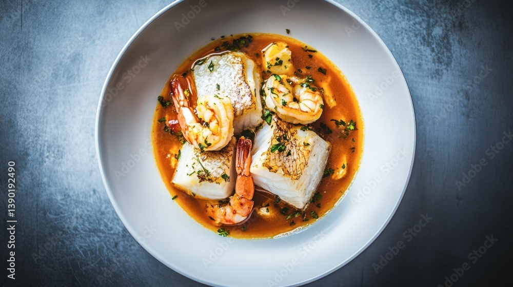 A bowl of bouillabaisse with chunks of white fish, shrimp, and saffron broth. A bowl of bouillabaisse with chunks of white fish, shrimp, and saffron broth.