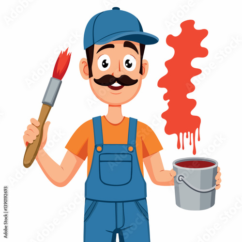 Obraz na płótnie smiling painter with a mustache wearing overalls and a blue cap holds a paintbrush and bucket of red paint. w salonie