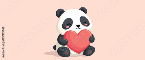 adorable panda bear gently holding a large red heart