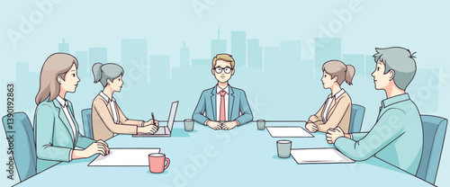 four businesspeople in suits attentively participate in a boardroom meeting