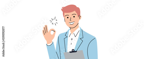 smiling man in a light blue suit showing an okay hand gesture
