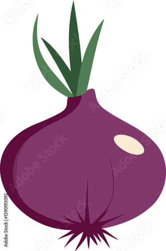 single ripe red onion with green shoots