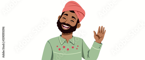 cheerful man in a pink turban and green shirt gives a friendly wave.