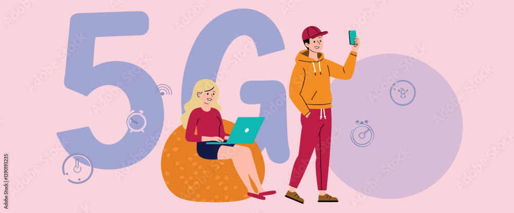 Fototapeta premium woman using a laptop and a man holding a mobile phone symbolizing 5g fast connectivity