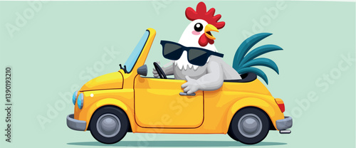 stylish rooster driving a yellow convertible