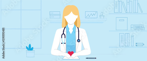 female doctor in a medical uniform holds a red heart symbolizing care and compassion.