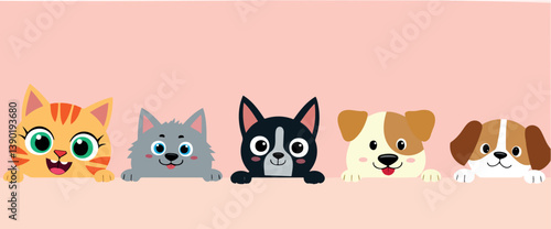 five adorable pet faces: cat kitten puppy and dogs smiling cheerfully