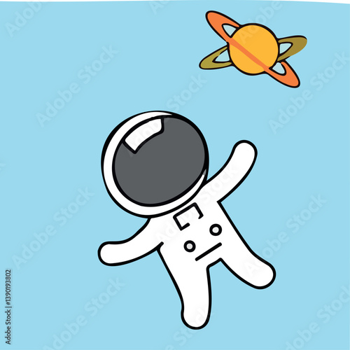 weightless astronaut floats in space next to a yellow planet
