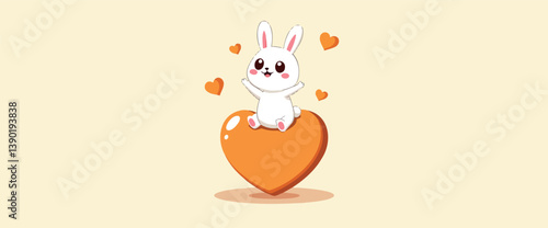 cheerful white rabbit sitting on a large heart
