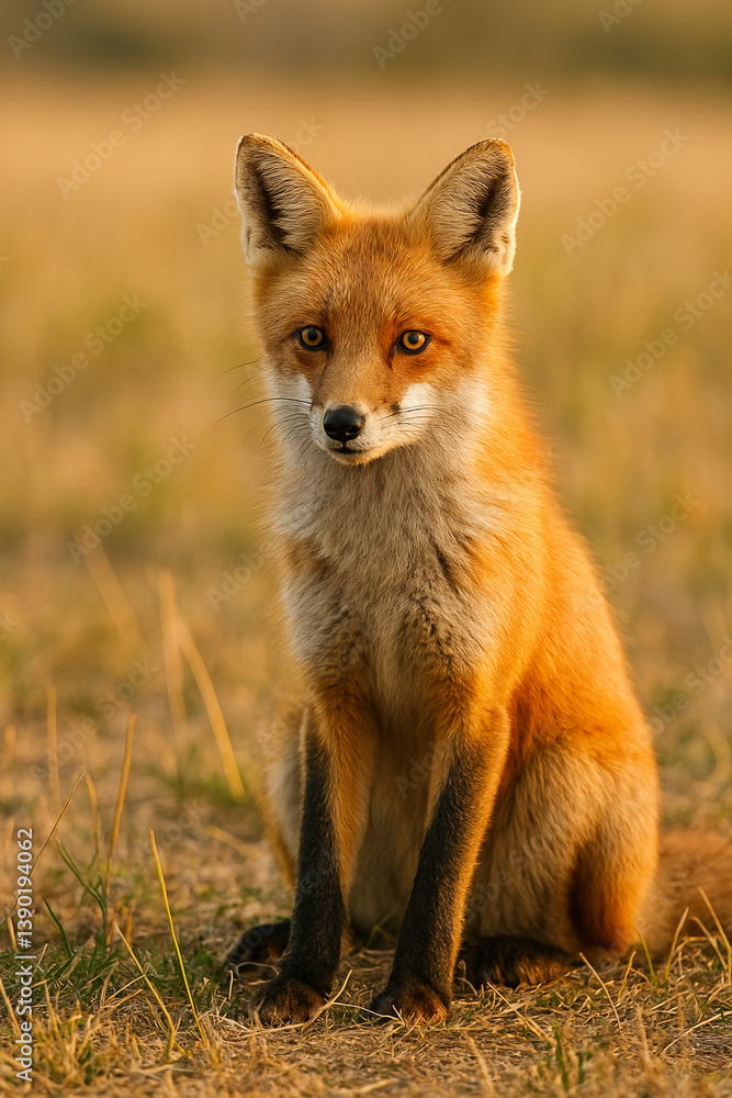 Fototapeta premium Red Fox Sitting in Meadow During Golden Hour Light