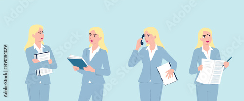four illustrations of a blonde businesswoman in a light blue pantsuit showcasing different professional tasks.